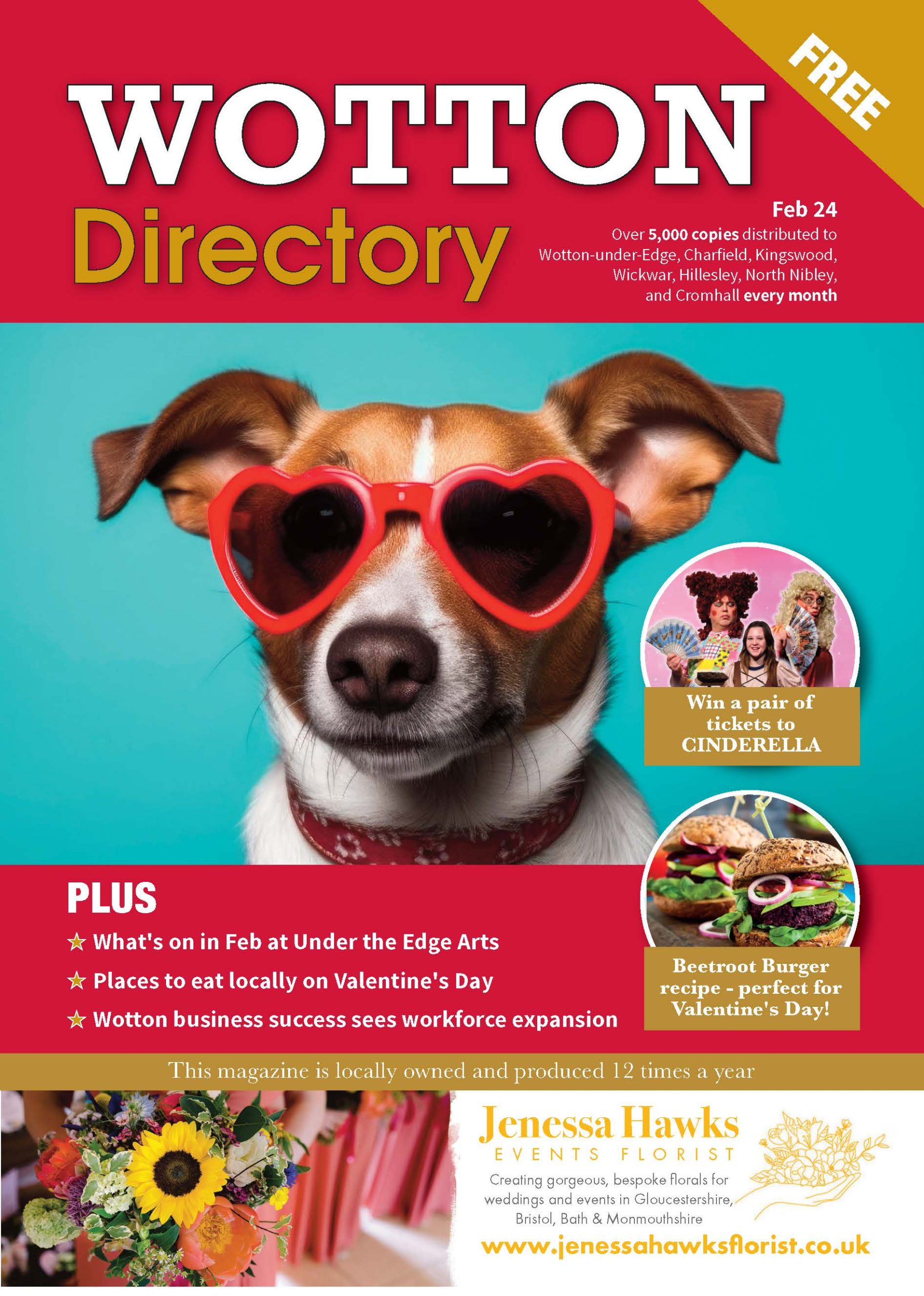 Front cover of Wotton Directory showing Dog with red heart shaped sunglasses for valentines day