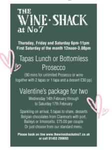 Poster showing what's coming up at the Wine Shack at No 7