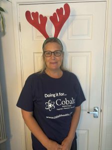 Catherine Watkinson with t-shirt and antlers